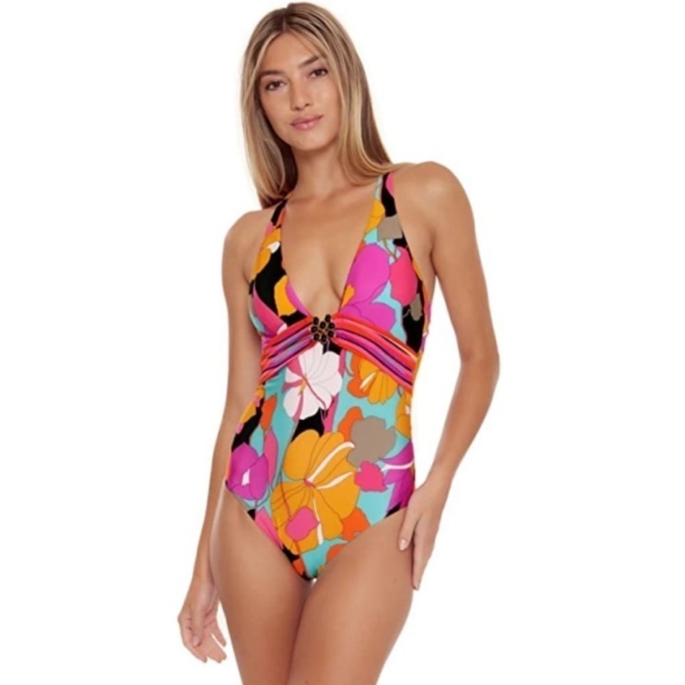New Trina Turk 'Gemini' Jewel-Front Plunge One-Piece Swimsuit Multicolor Size 10
